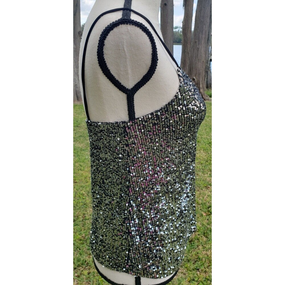 MNG MANGO Ladies Silver Sequin Stretch Tank Top Sz XS Cocktail Party Black Linig - Picture 4 of 9